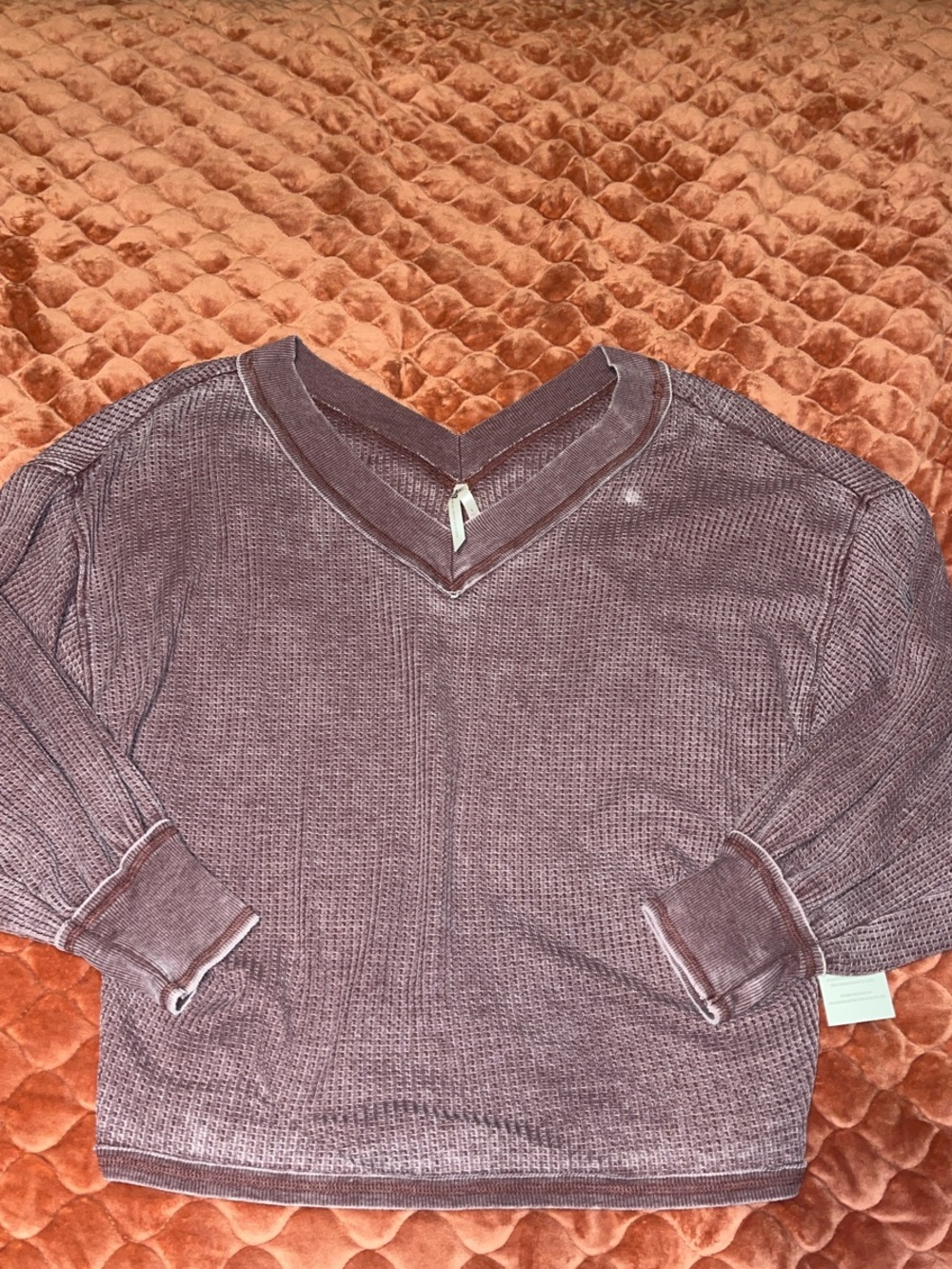 Seven7 Women's V-Neck Waffle Knit Pullover in Dark Berry